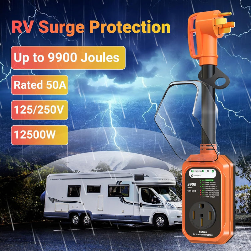 50 Amp RV Surge Protector – Waterproof Circuit Analyzer with Full Electrical Protection, Power Plug Adapter for Camper & Travel Trailer Accessories