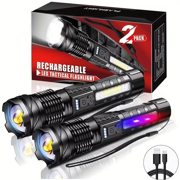 Powerful XHP50 LED Flashlight –Waterproof, USB Rechargeable 18650 Torch with Side Light, 7 Modes, Zoom Lamp for Camping, Fishing, and Outdoor Adventure